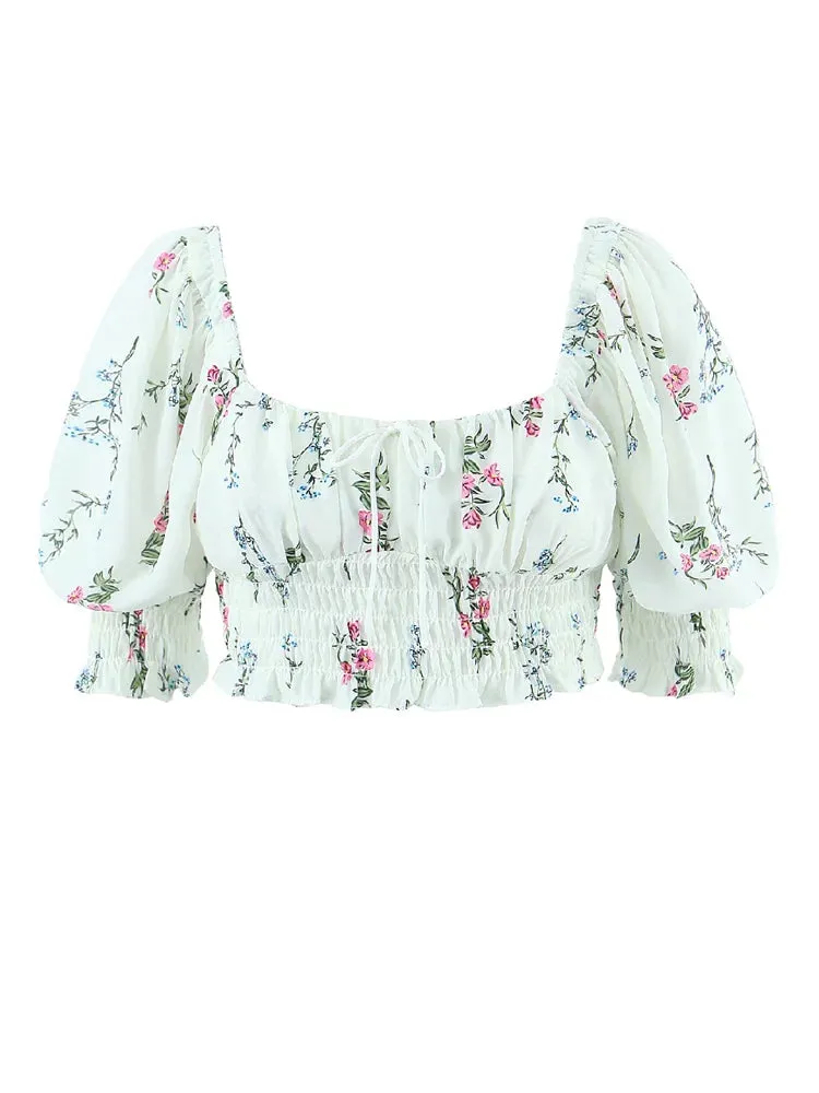 Retro Ruched Square Puff Flower Elastic Short Tank Top Blouse