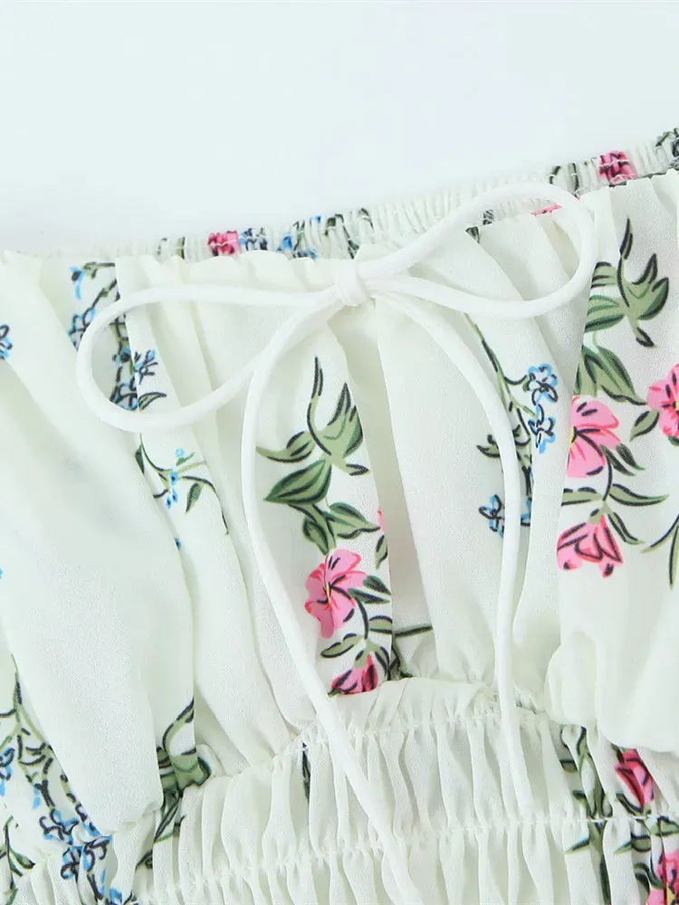 Retro Ruched Square Puff Flower Elastic Short Tank Top Blouse