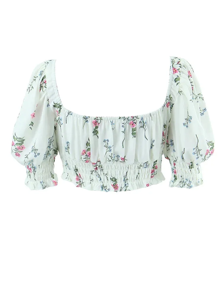 Retro Ruched Square Puff Flower Elastic Short Tank Top Blouse