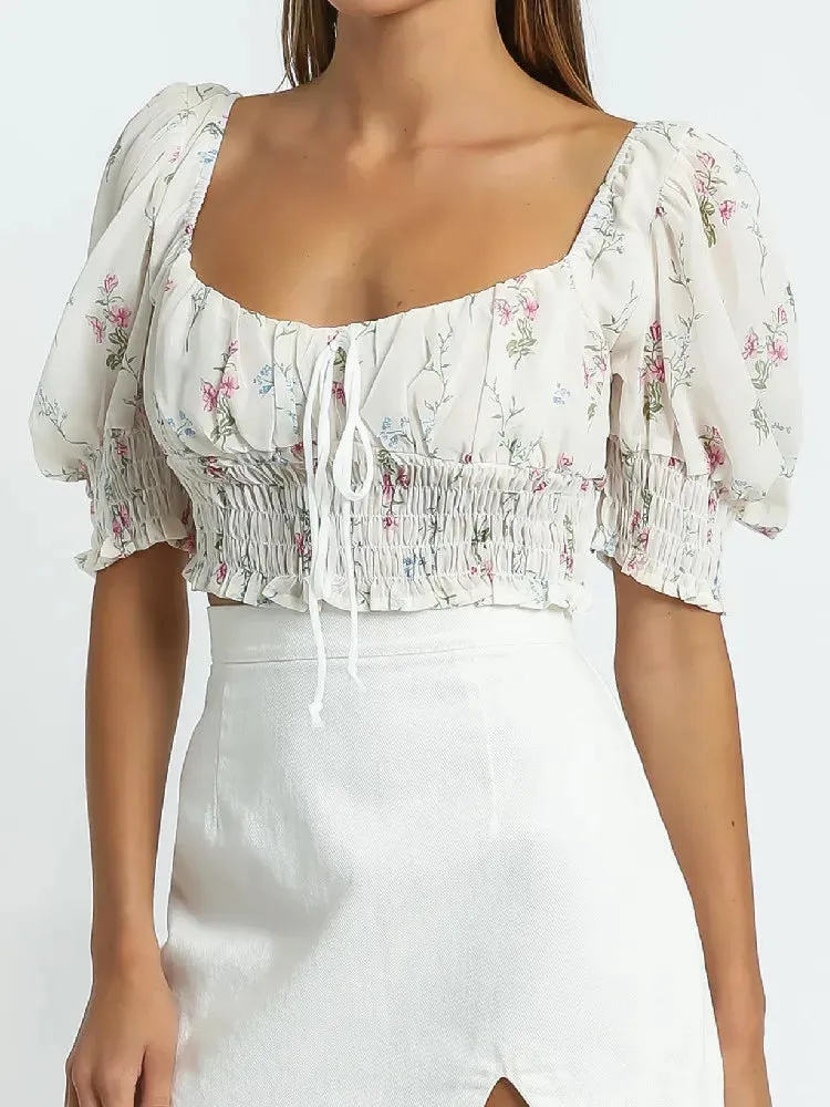Retro Ruched Square Puff Flower Elastic Short Tank Top Blouse