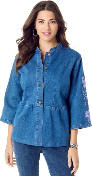 Roaman's Women's Plus Size Embroidered Button Front Peplum Denim Jacket