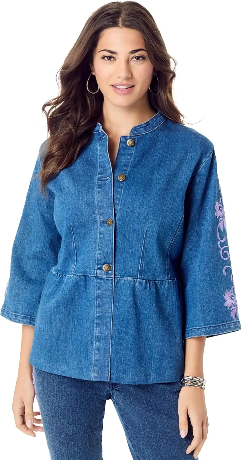 Roaman's Women's Plus Size Embroidered Button Front Peplum Denim Jacket