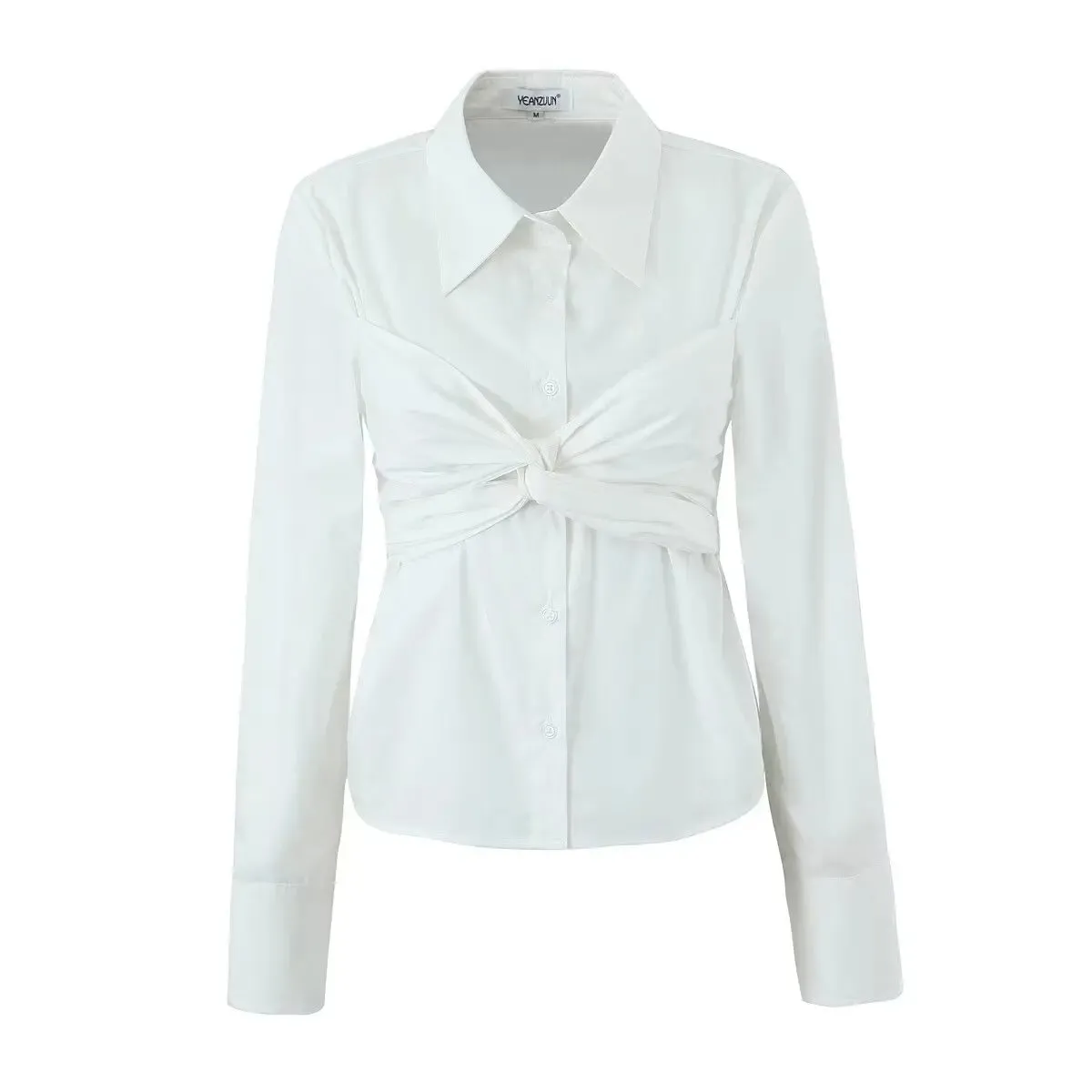 Ruched Long Bandage Cross Dropped Slim Blouse