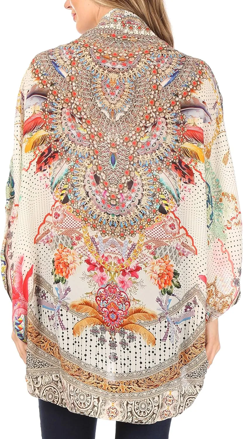 Sakkas Jenna Women's Casual Boho Sheer Kimono Loose Cardigan Cape Trendy Printed