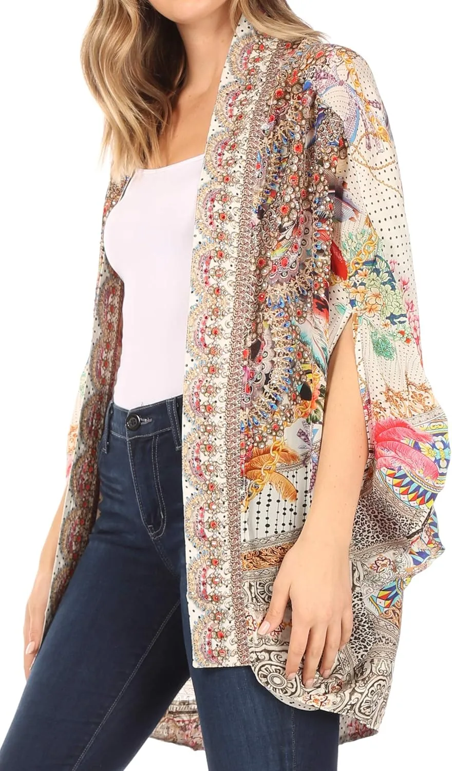 Sakkas Jenna Women's Casual Boho Sheer Kimono Loose Cardigan Cape Trendy Printed