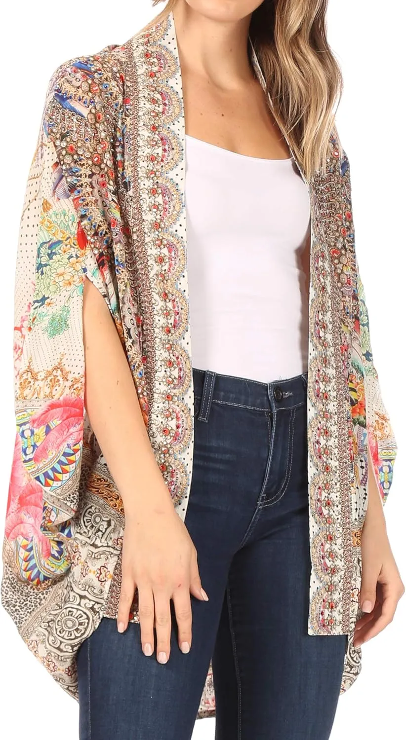 Sakkas Jenna Women's Casual Boho Sheer Kimono Loose Cardigan Cape Trendy Printed
