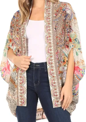Sakkas Jenna Women's Casual Boho Sheer Kimono Loose Cardigan Cape Trendy Printed