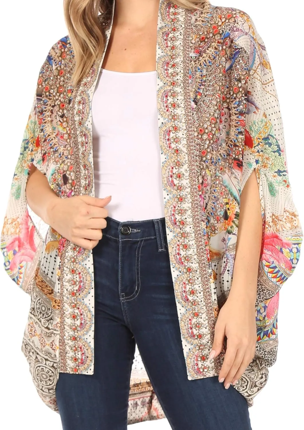 Sakkas Jenna Women's Casual Boho Sheer Kimono Loose Cardigan Cape Trendy Printed