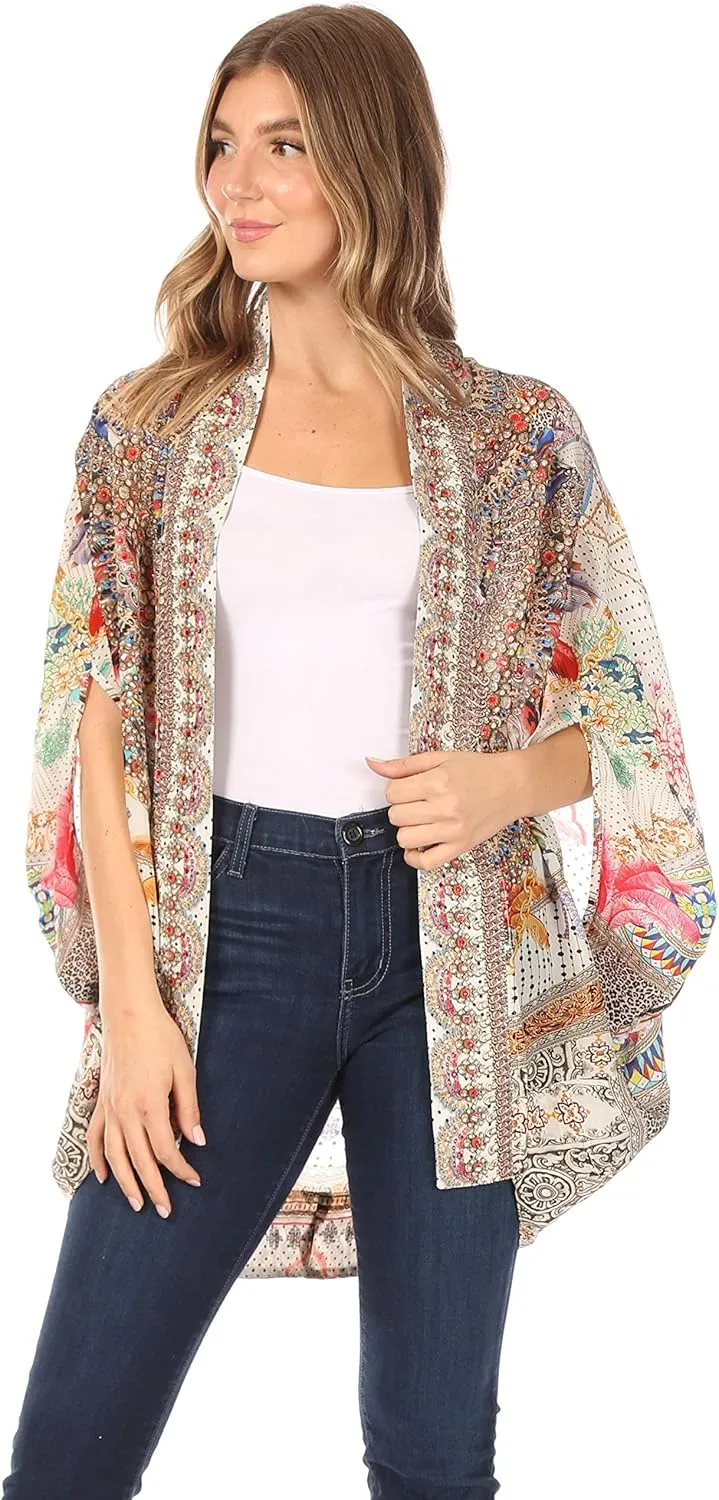 Sakkas Jenna Women's Casual Boho Sheer Kimono Loose Cardigan Cape Trendy Printed