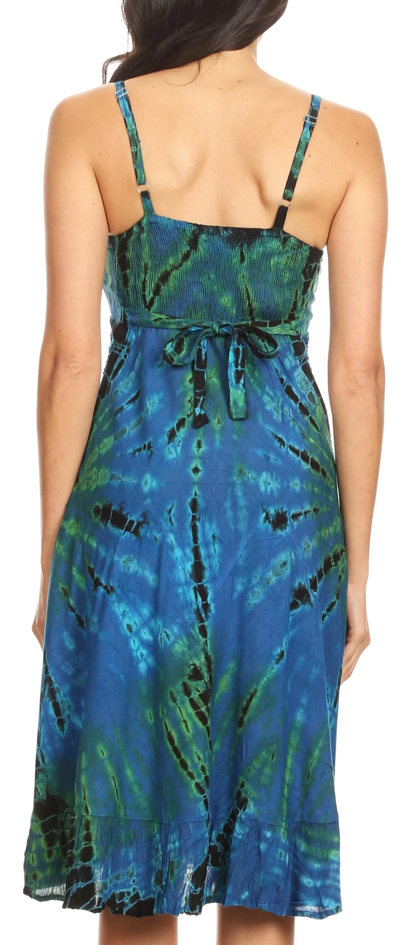 Sakkas Zoe Women's Summer Bohemian Spaghetti Strap Short Dress Tie Dye Embroidered