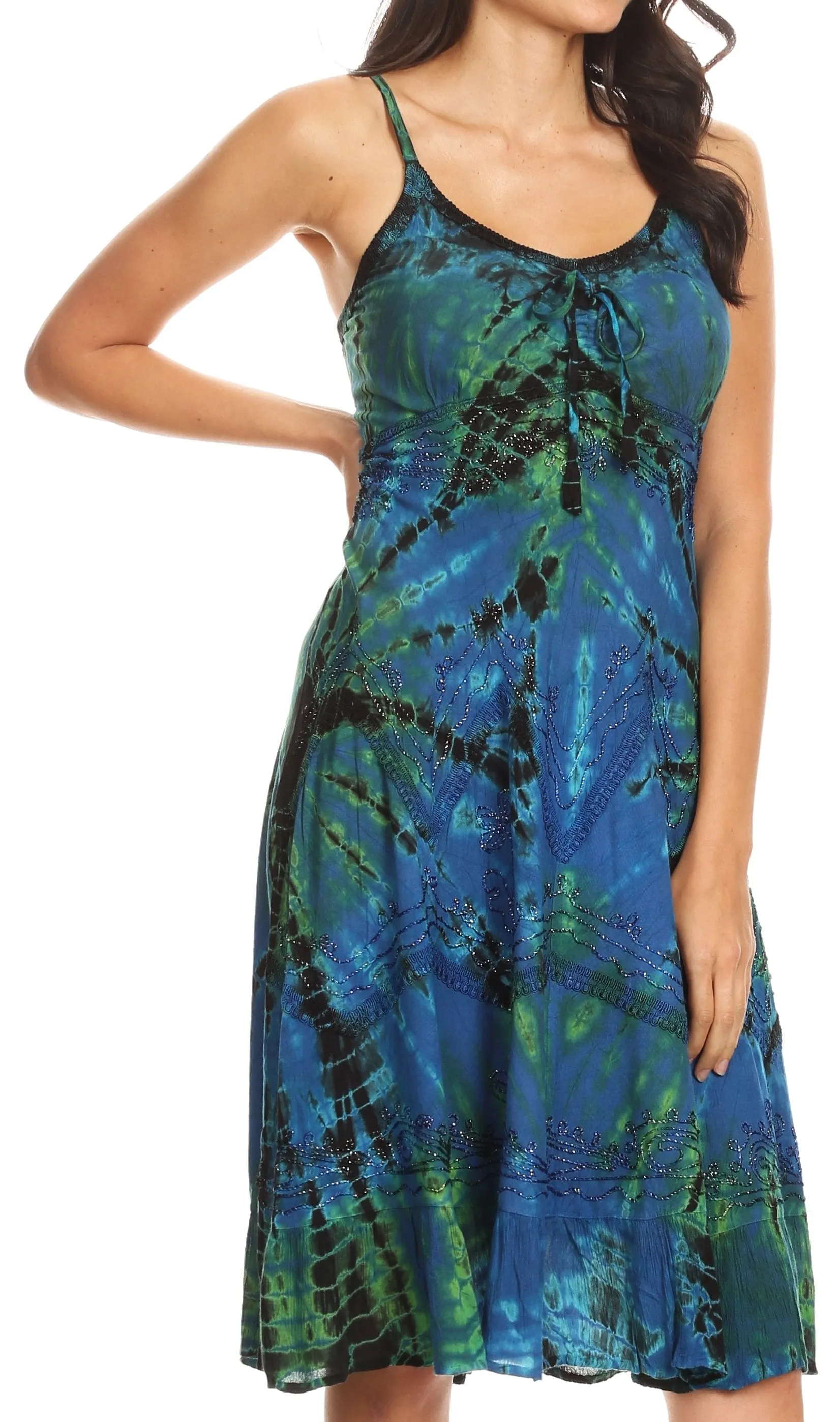 Sakkas Zoe Women's Summer Bohemian Spaghetti Strap Short Dress Tie Dye Embroidered