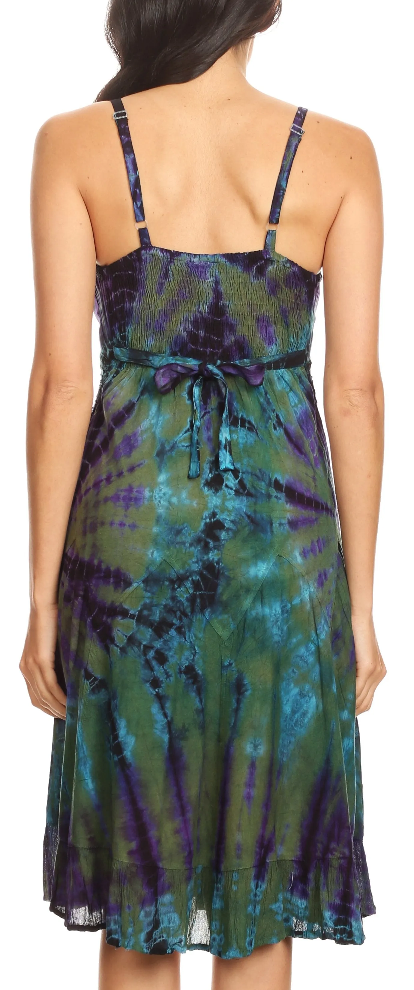 Sakkas Zoe Women's Summer Bohemian Spaghetti Strap Short Dress Tie Dye Embroidered