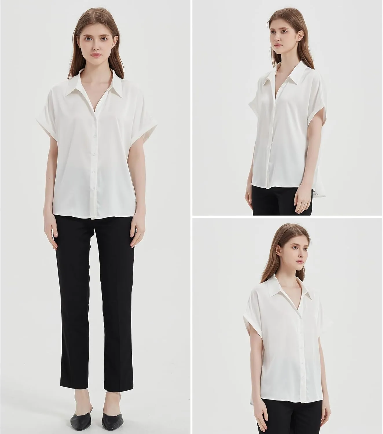 Satin Button Down Shirts, Silk Blouse for Women Short Sleeve V-Neck Top, Casual Outfits for Women (Small Size)