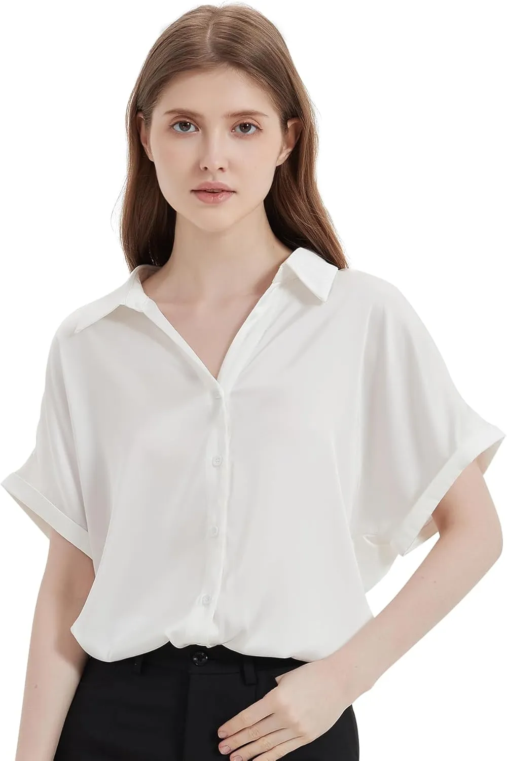 Satin Button Down Shirts, Silk Blouse for Women Short Sleeve V-Neck Top, Casual Outfits for Women (Small Size)
