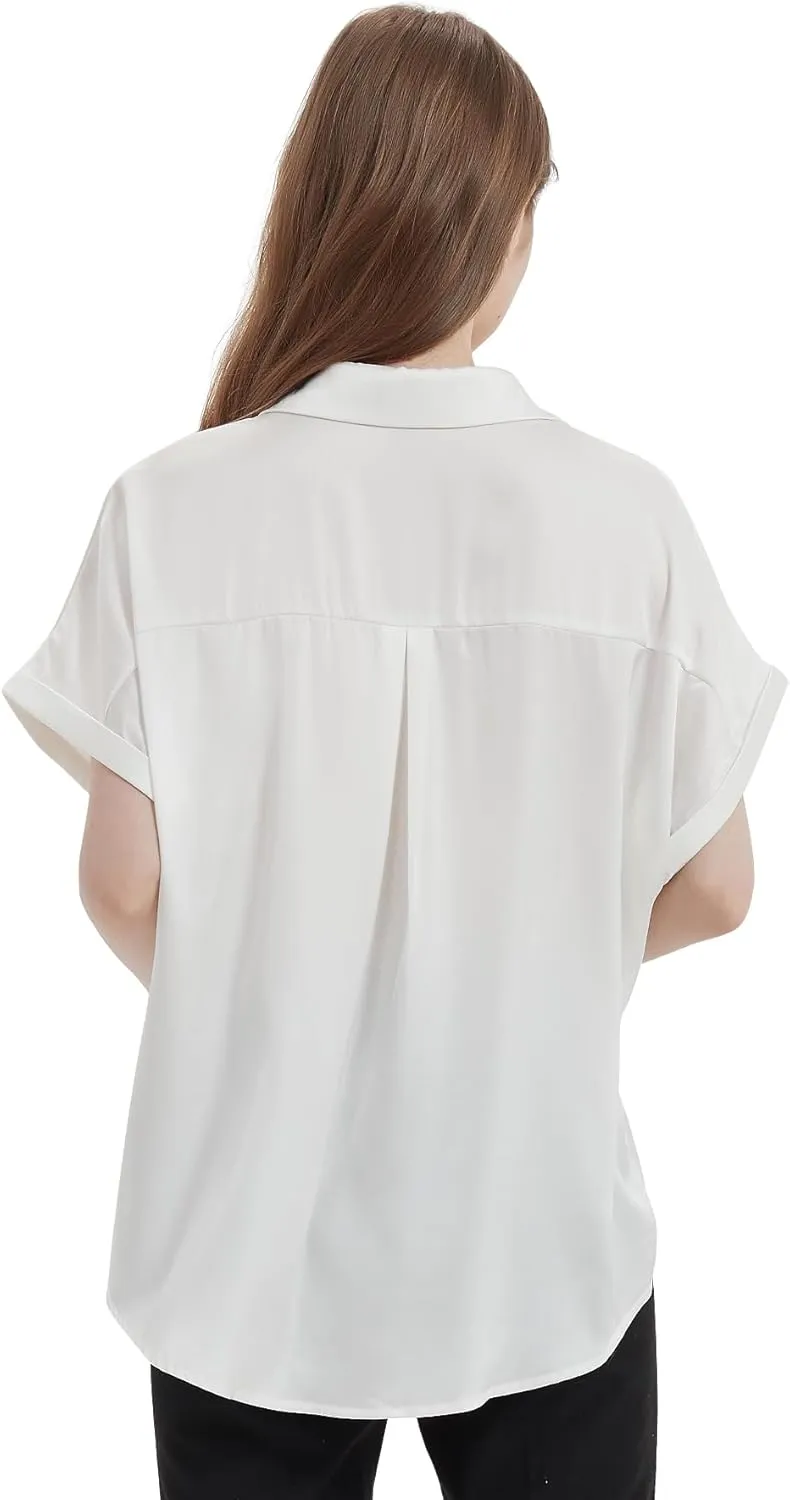 Satin Button Down Shirts, Silk Blouse for Women Short Sleeve V-Neck Top, Casual Outfits for Women (Small Size)