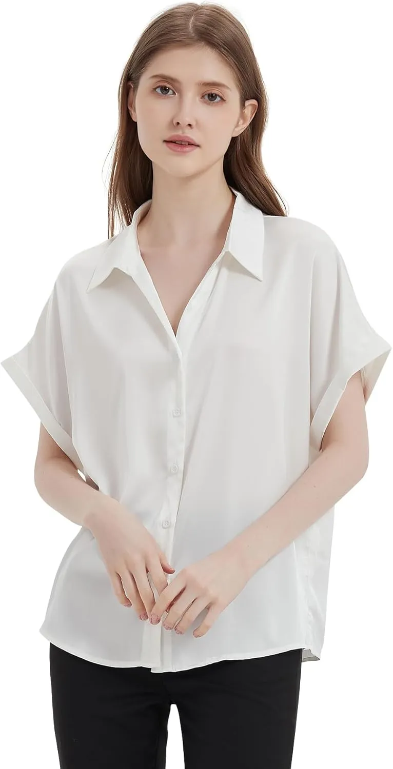 Satin Button Down Shirts, Silk Blouse for Women Short Sleeve V-Neck Top, Casual Outfits for Women (Small Size)