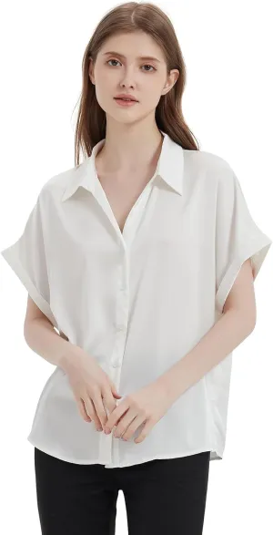 Satin Button Down Shirts, Silk Blouse for Women Short Sleeve V-Neck Top, Casual Outfits for Women (Small Size)