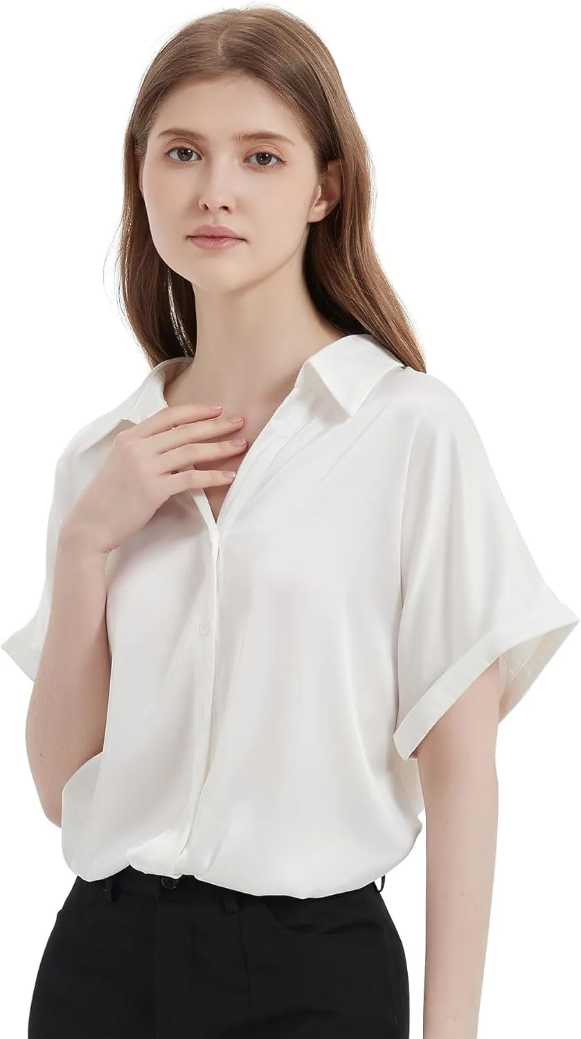 Satin Button Down Shirts, Silk Blouse for Women Short Sleeve V-Neck Top, Casual Outfits for Women (Small Size)