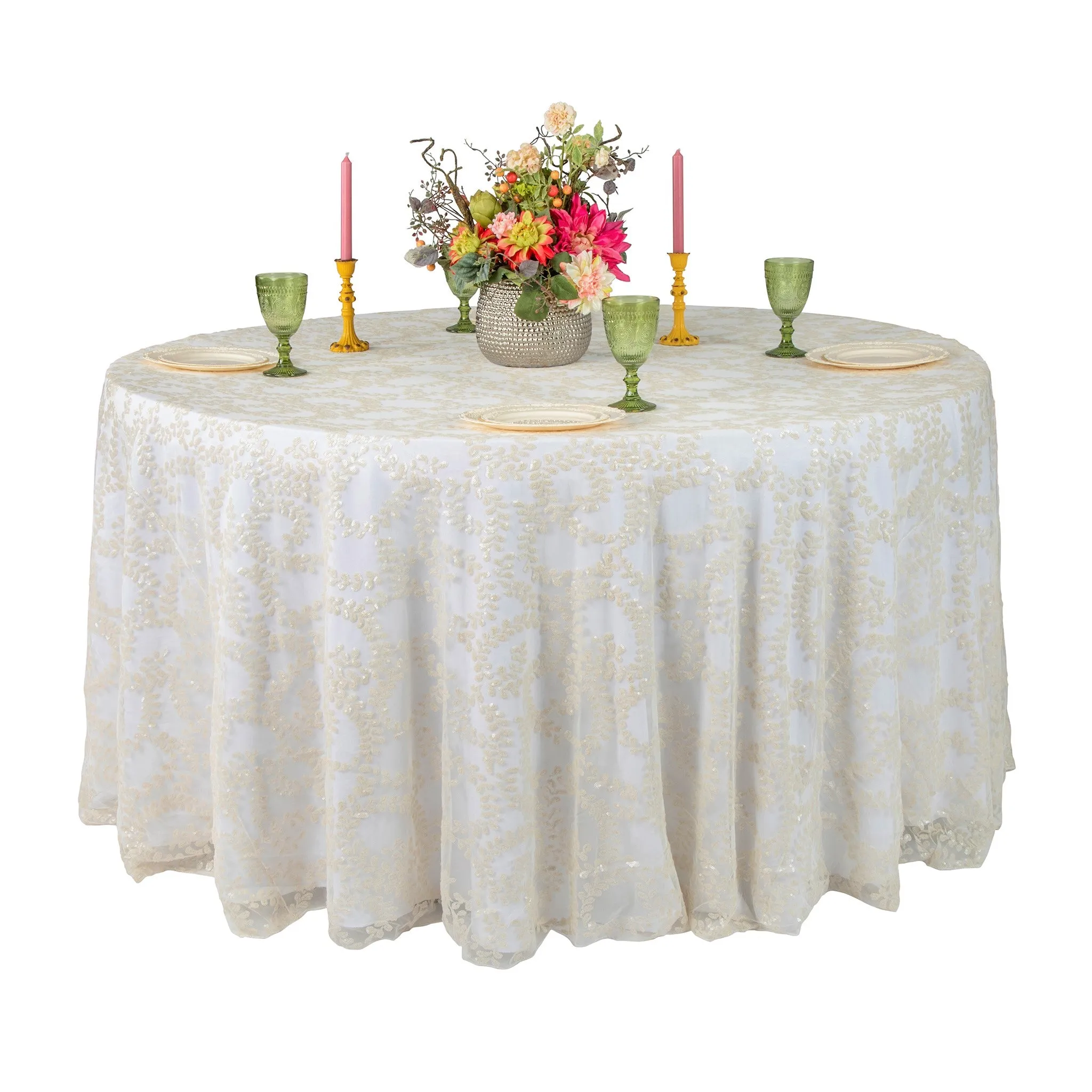 Sequin Vine Tablecloth Overlay 120" Round  - Light Ivory/Off White