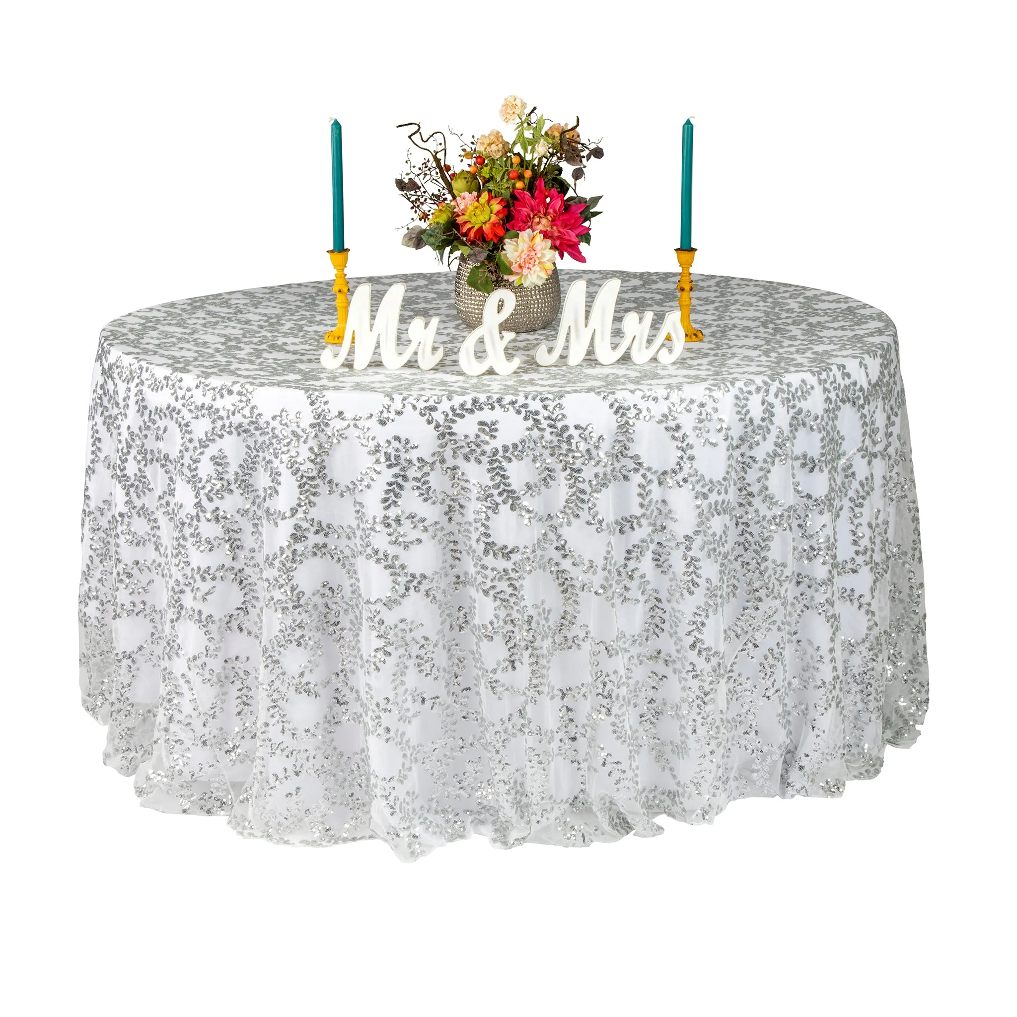 Sequin Vine Tablecloth Overlay 120" Round  - Silver