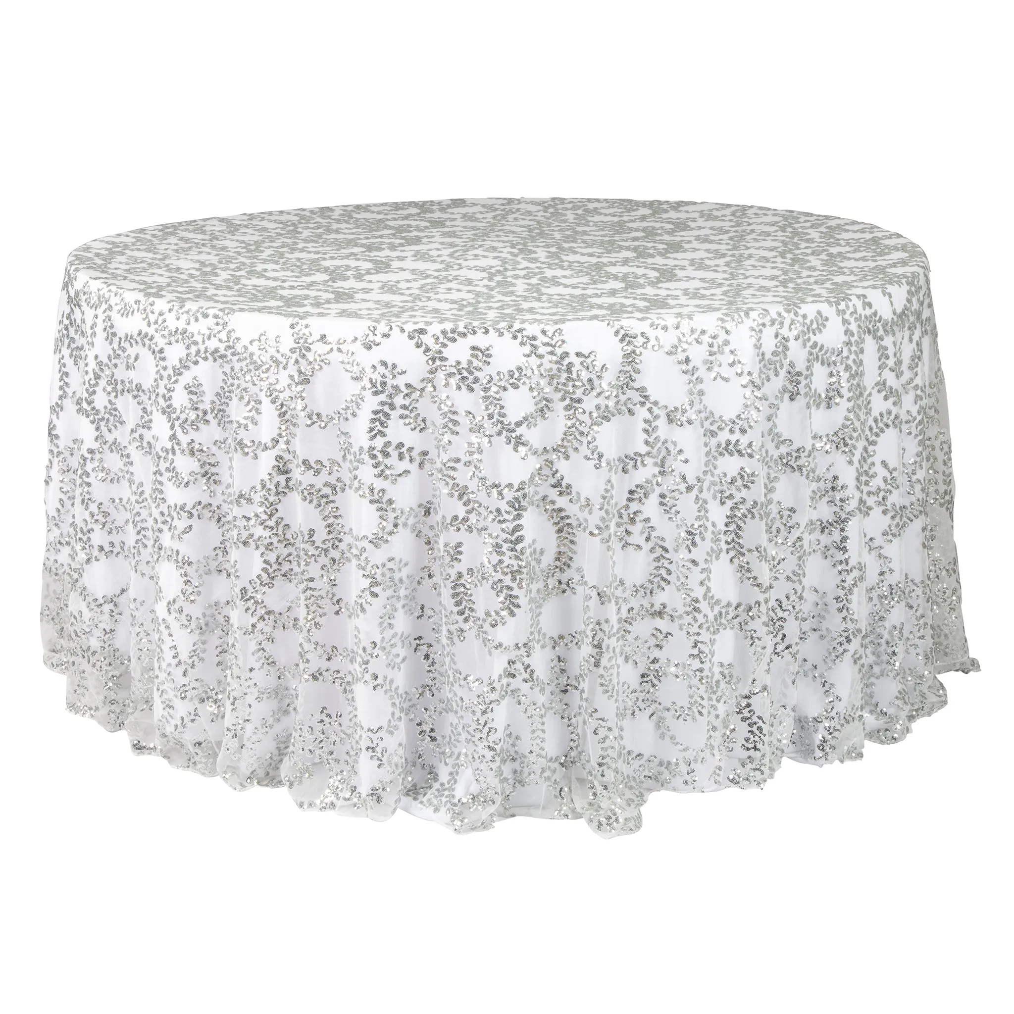 Sequin Vine Tablecloth Overlay 120" Round  - Silver