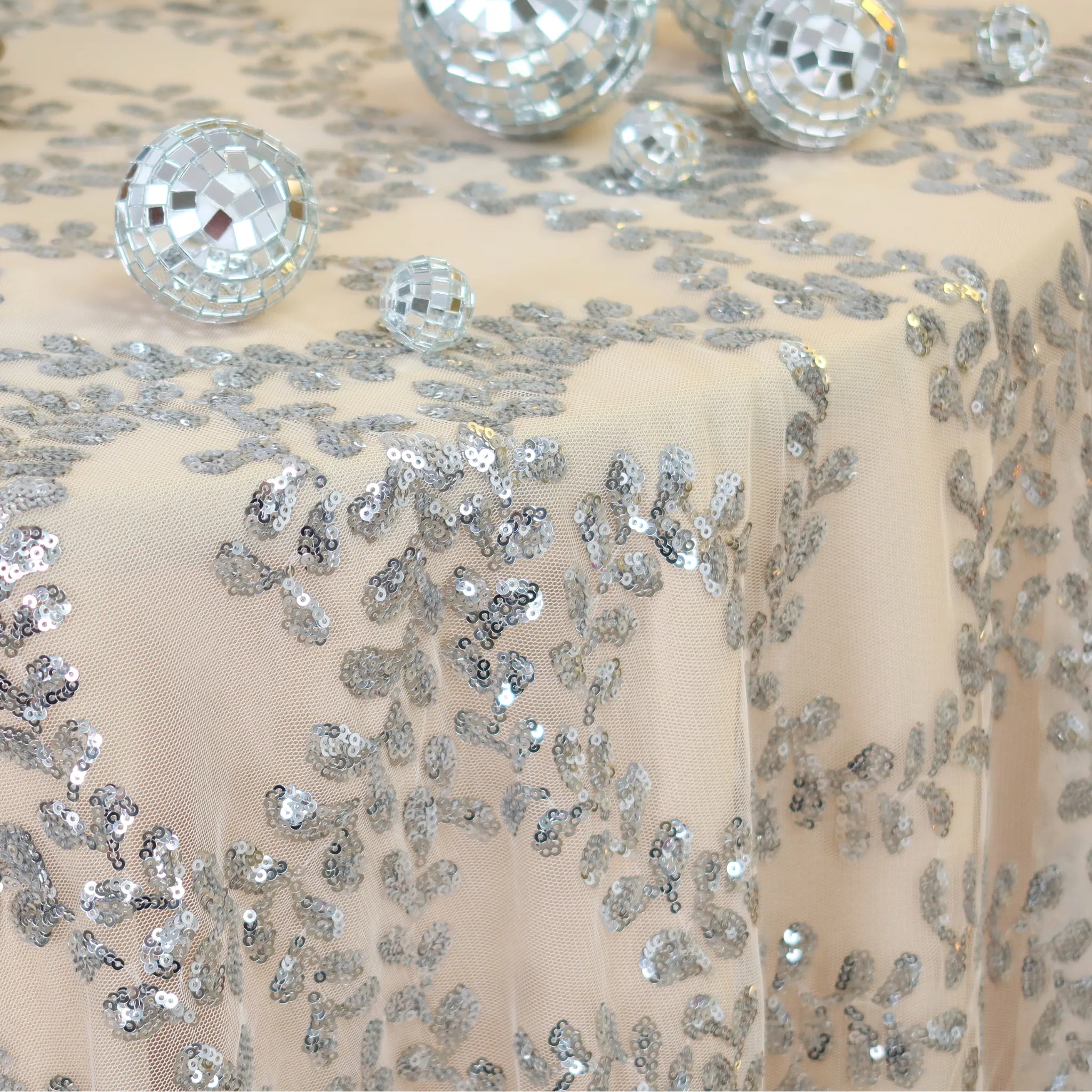 Sequin Vine Tablecloth Overlay 120" Round  - Silver