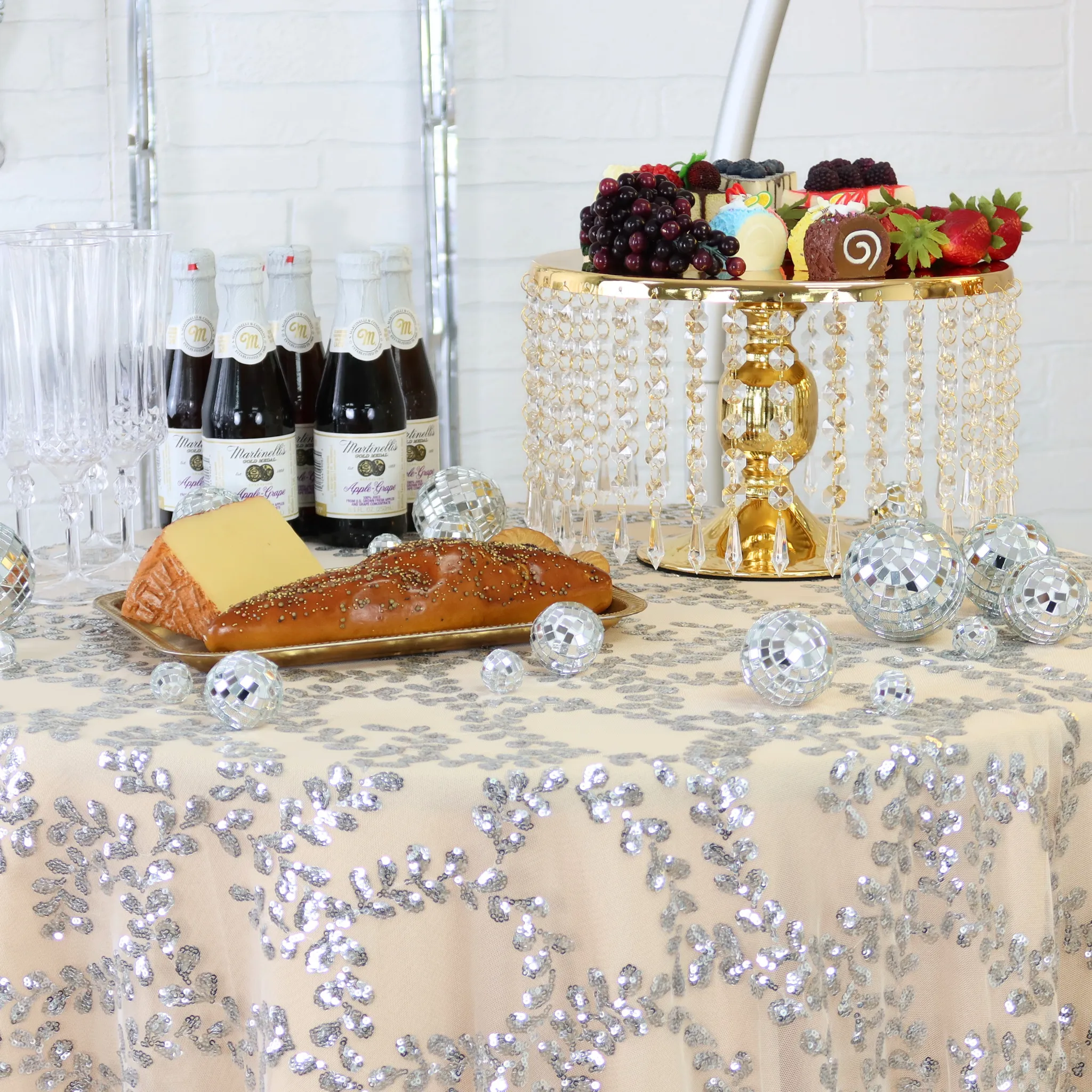 Sequin Vine Tablecloth Overlay 120" Round  - Silver