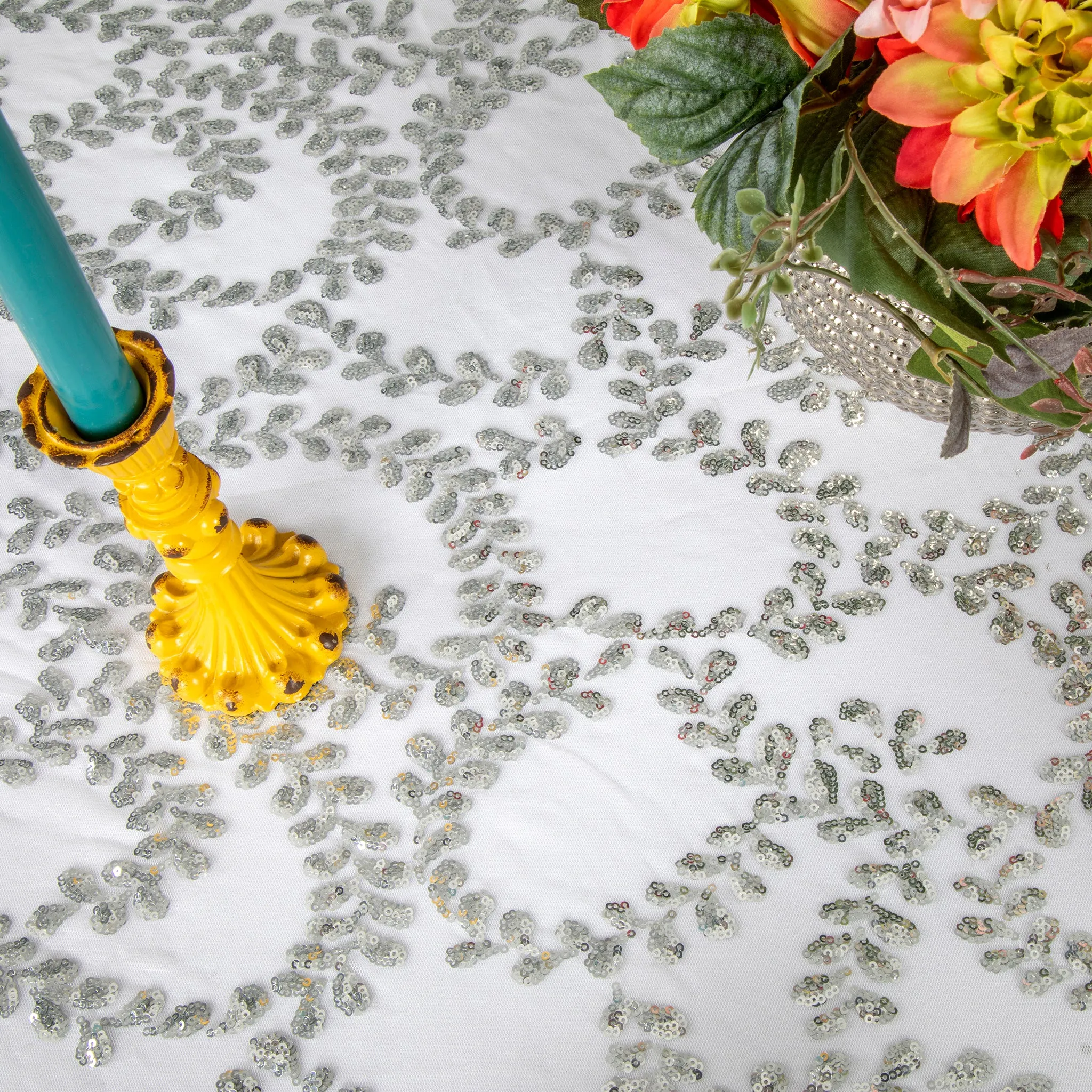 Sequin Vine Tablecloth Overlay 120" Round  - Silver