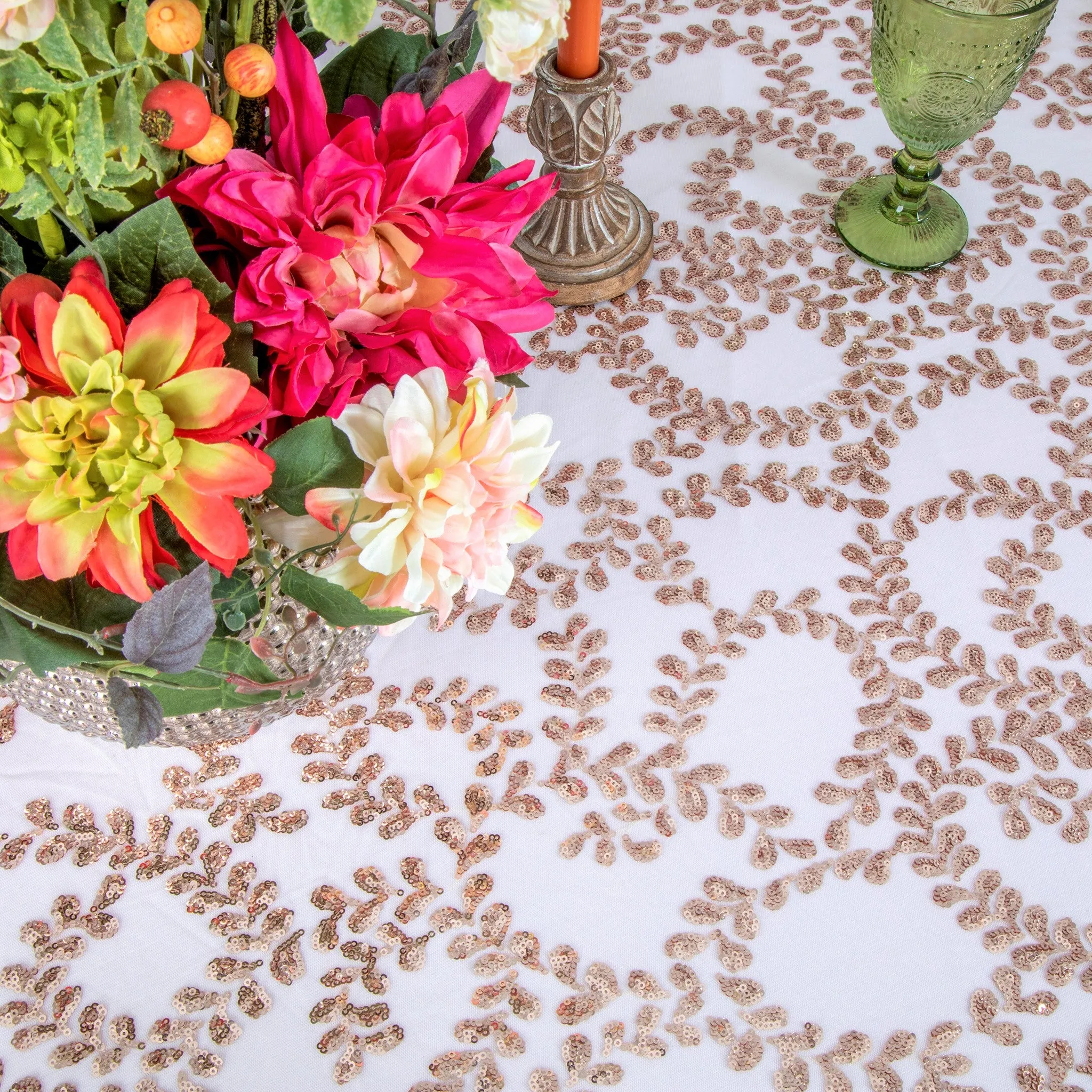 Sequin Vine Tablecloth Overlay 90"x132" Rectangle  - Blush/Rose Gold