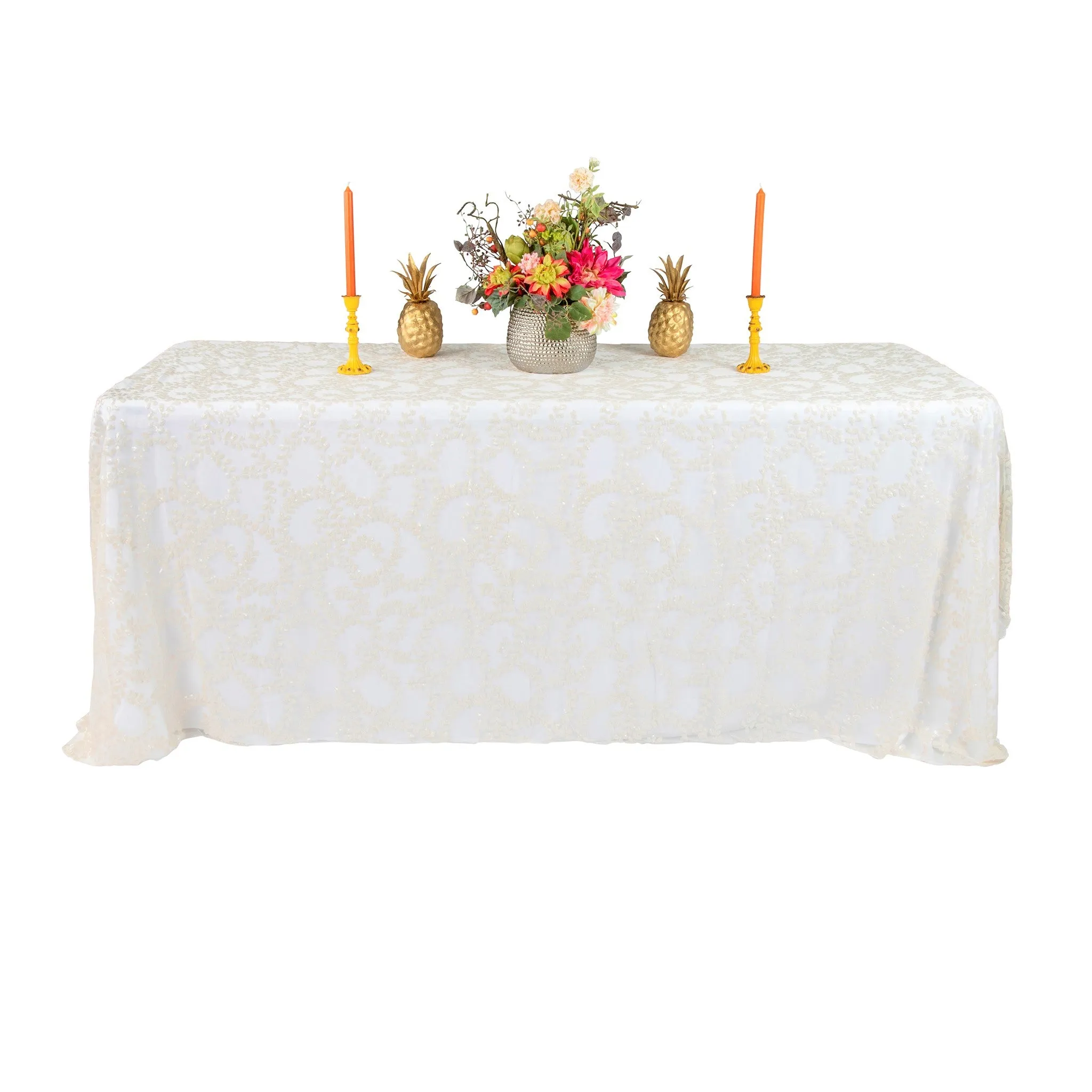 Sequin Vine Tablecloth Overlay 90"x156" Rectangle  - Light Ivory/Off White