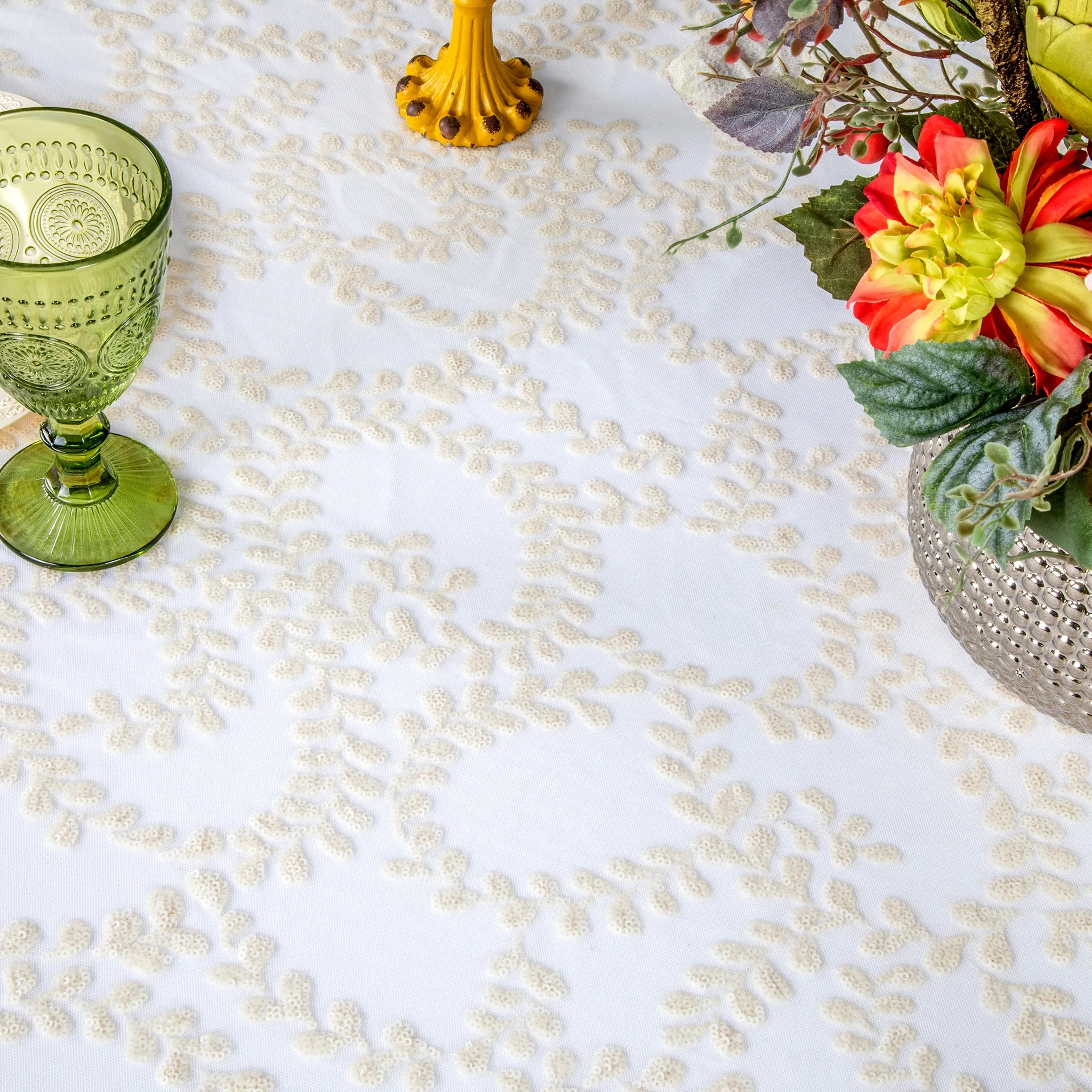 Sequin Vine Tablecloth Overlay 90"x156" Rectangle  - Light Ivory/Off White