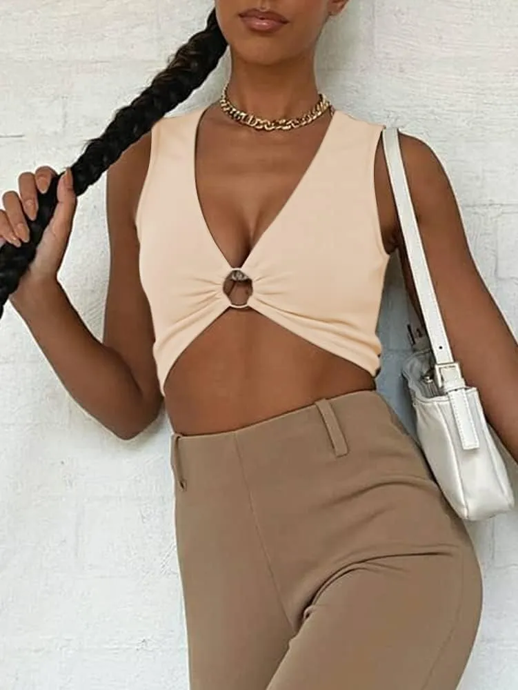 Sexy Crop Tops for Women Sleeveless Deep V Neck Workout Tops Plunge Ring Cleavage Cropped Tank Top