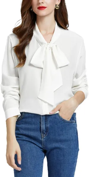 Silk Shirts for Women,100% 18 Mommy Pure Silk Button Down Long Sleeve Casual Office Work Blouse Bow Tie with Ribbon Tops