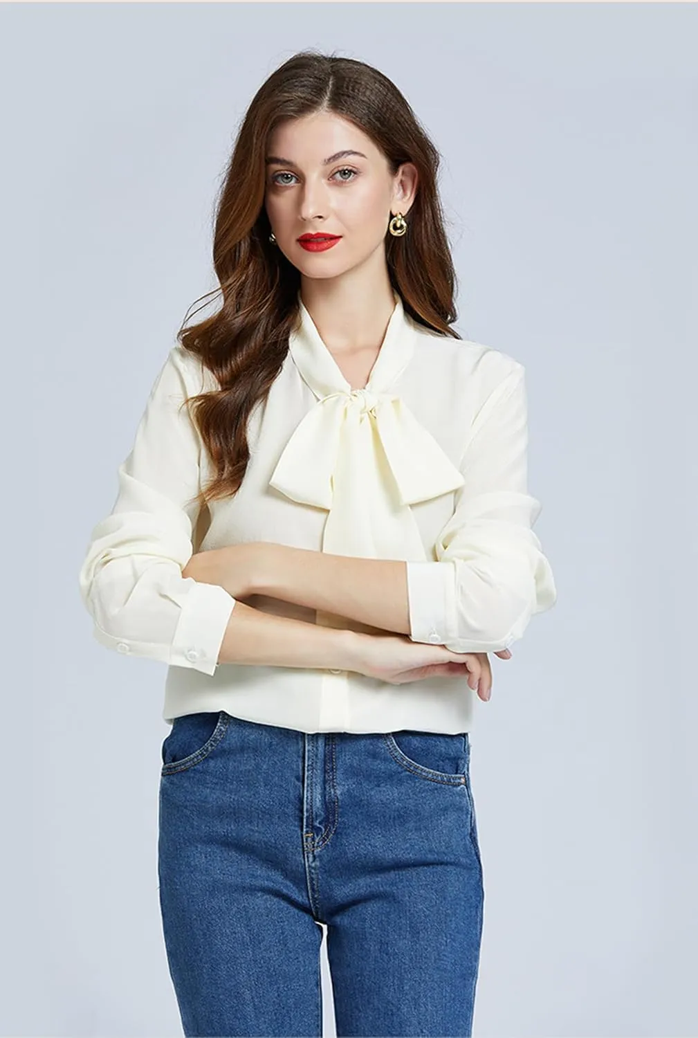 Silk Shirts for Women,100% 18 Mommy Pure Silk Button Down Long Sleeve Casual Office Work Blouse Bow Tie with Ribbon Tops
