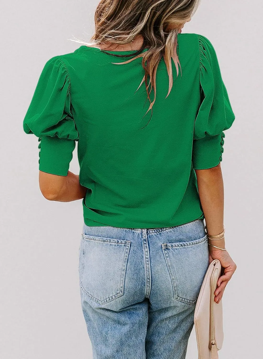 SimpleFun Women's Puff Sleeve Tops Summer Crewneck Loose Casual Blouse Shirts