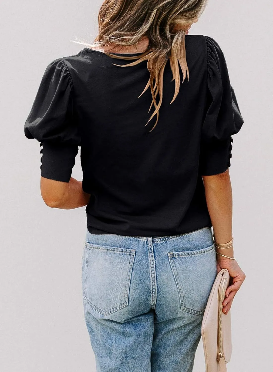 SimpleFun Women's Puff Sleeve Tops Summer Crewneck Loose Casual Blouse Shirts