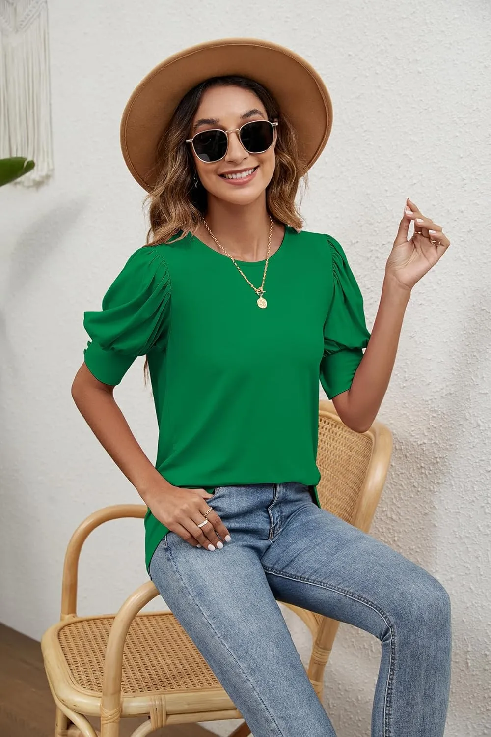 SimpleFun Women's Puff Sleeve Tops Summer Crewneck Loose Casual Blouse Shirts
