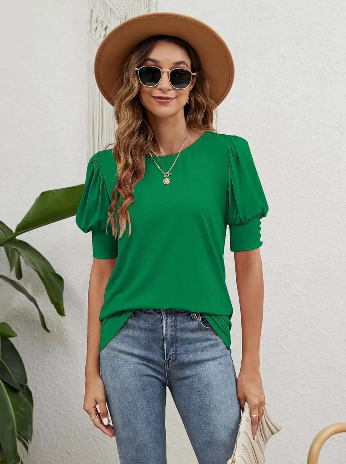 SimpleFun Women's Puff Sleeve Tops Summer Crewneck Loose Casual Blouse Shirts