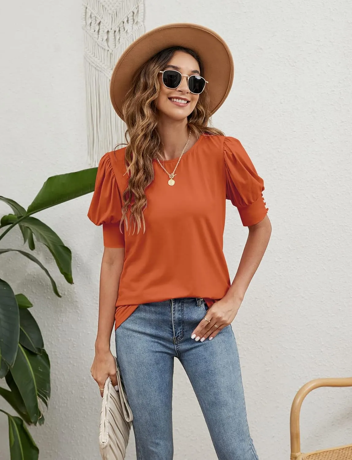 SimpleFun Women's Puff Sleeve Tops Summer Crewneck Loose Casual Blouse Shirts