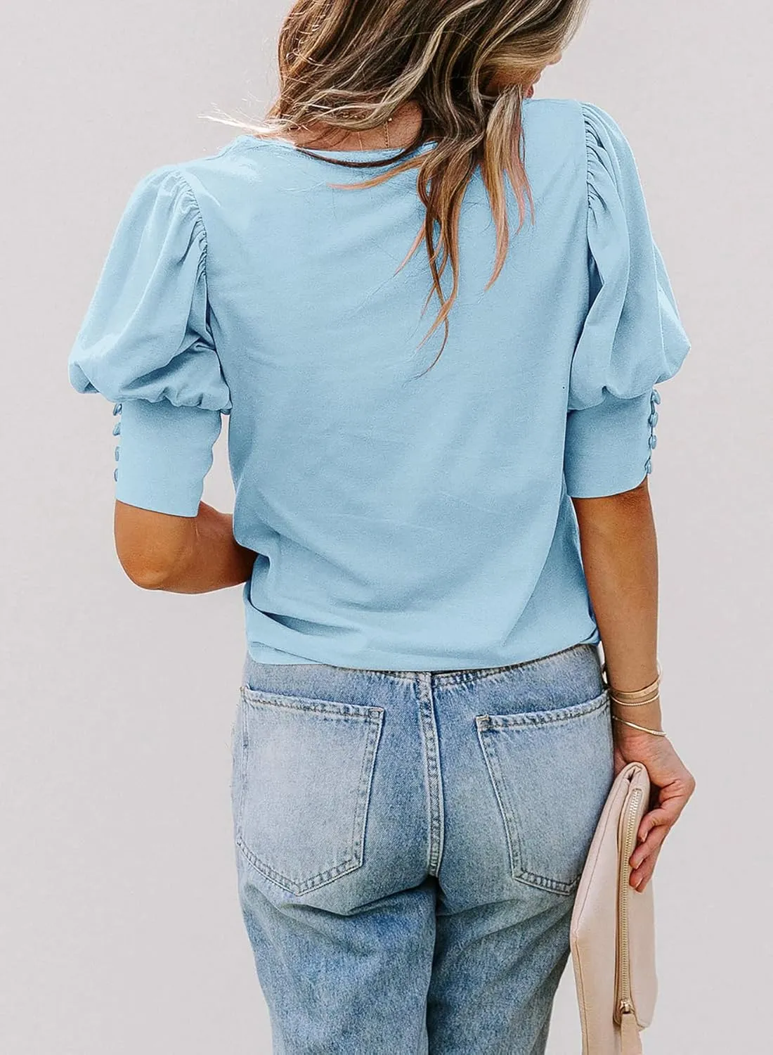 SimpleFun Women's Puff Sleeve Tops Summer Crewneck Loose Casual Blouse Shirts