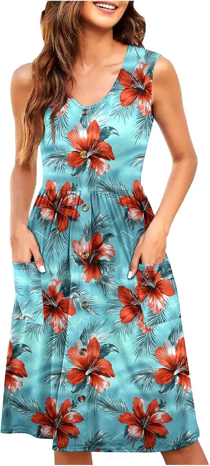 Summer Dress for Women Sleeveless Floral Beach Sundress Casual High Waist A-Line Midi Tank Dresses with Pockets
