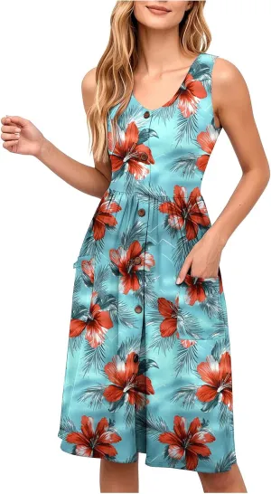 Summer Dress for Women Sleeveless Floral Beach Sundress Casual High Waist A-Line Midi Tank Dresses with Pockets