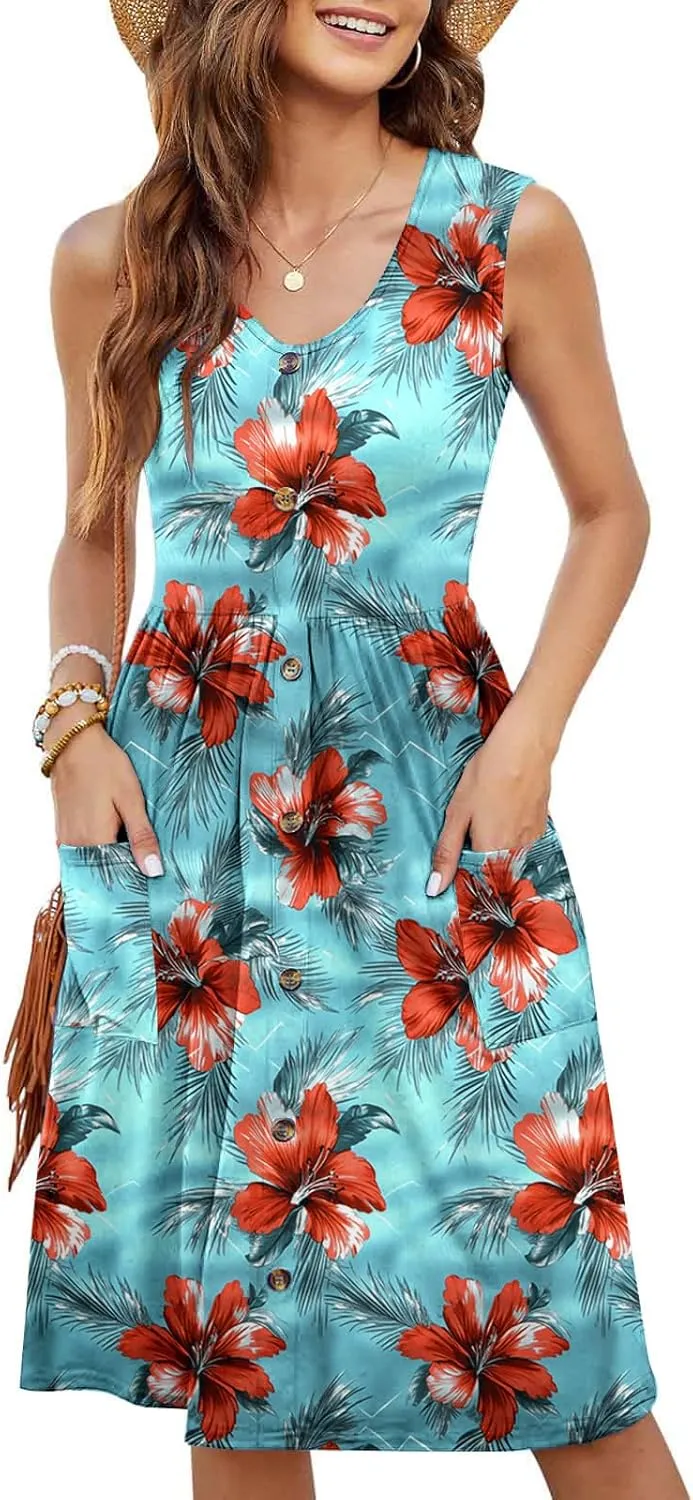 Summer Dress for Women Sleeveless Floral Beach Sundress Casual High Waist A-Line Midi Tank Dresses with Pockets