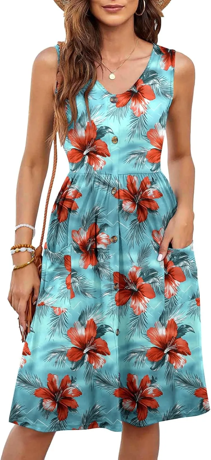 Summer Dress for Women Sleeveless Floral Beach Sundress Casual High Waist A-Line Midi Tank Dresses with Pockets
