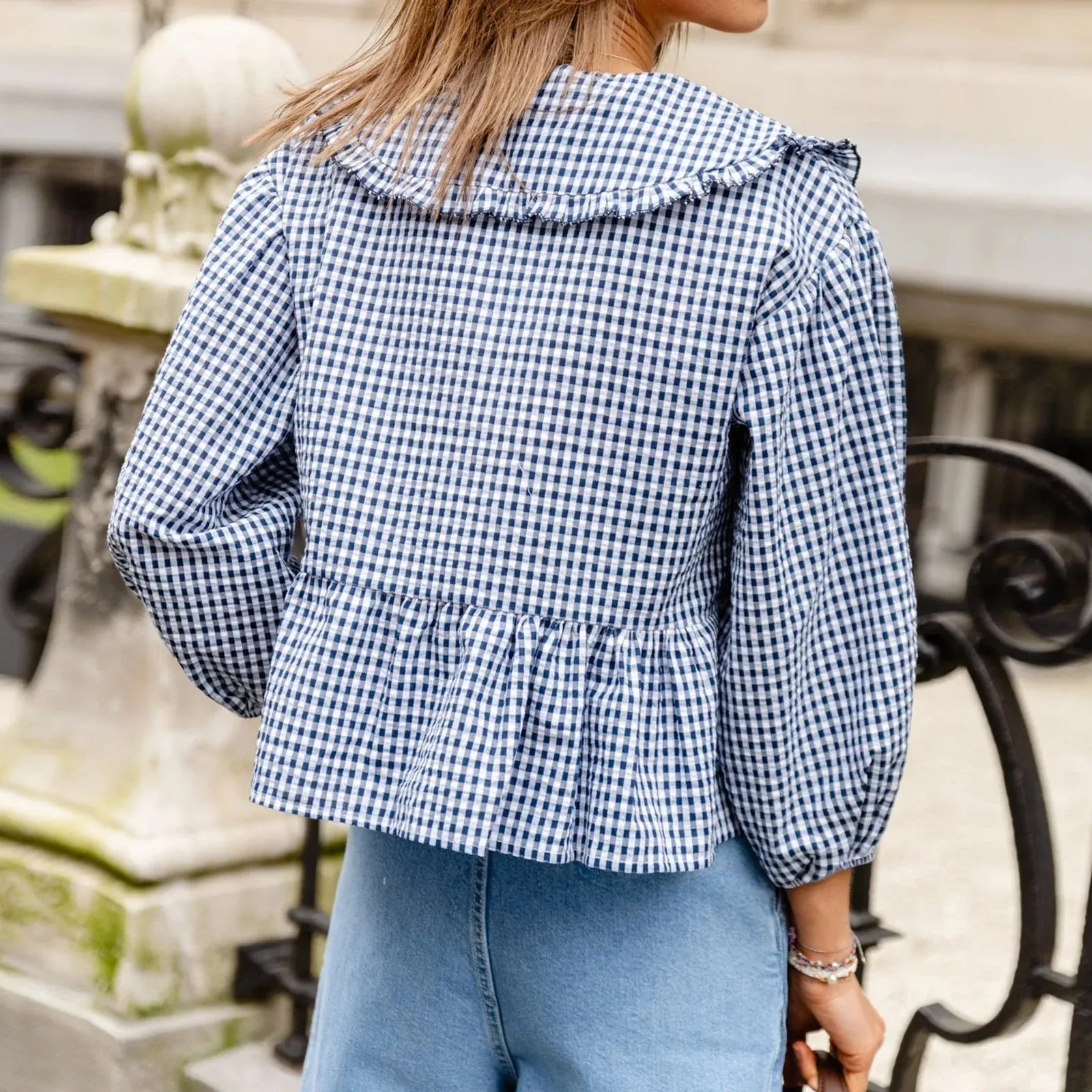Sweet Babydoll Plaid Lantern Long Sleeve Doll Collar Bow Tie-Up Loose Peplum Streetwear Summer Blouse