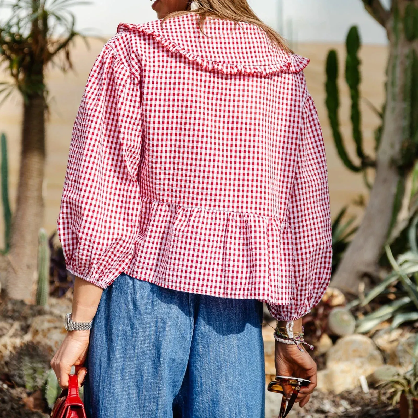 Sweet Babydoll Plaid Lantern Long Sleeve Doll Collar Bow Tie-Up Loose Peplum Streetwear Summer Blouse