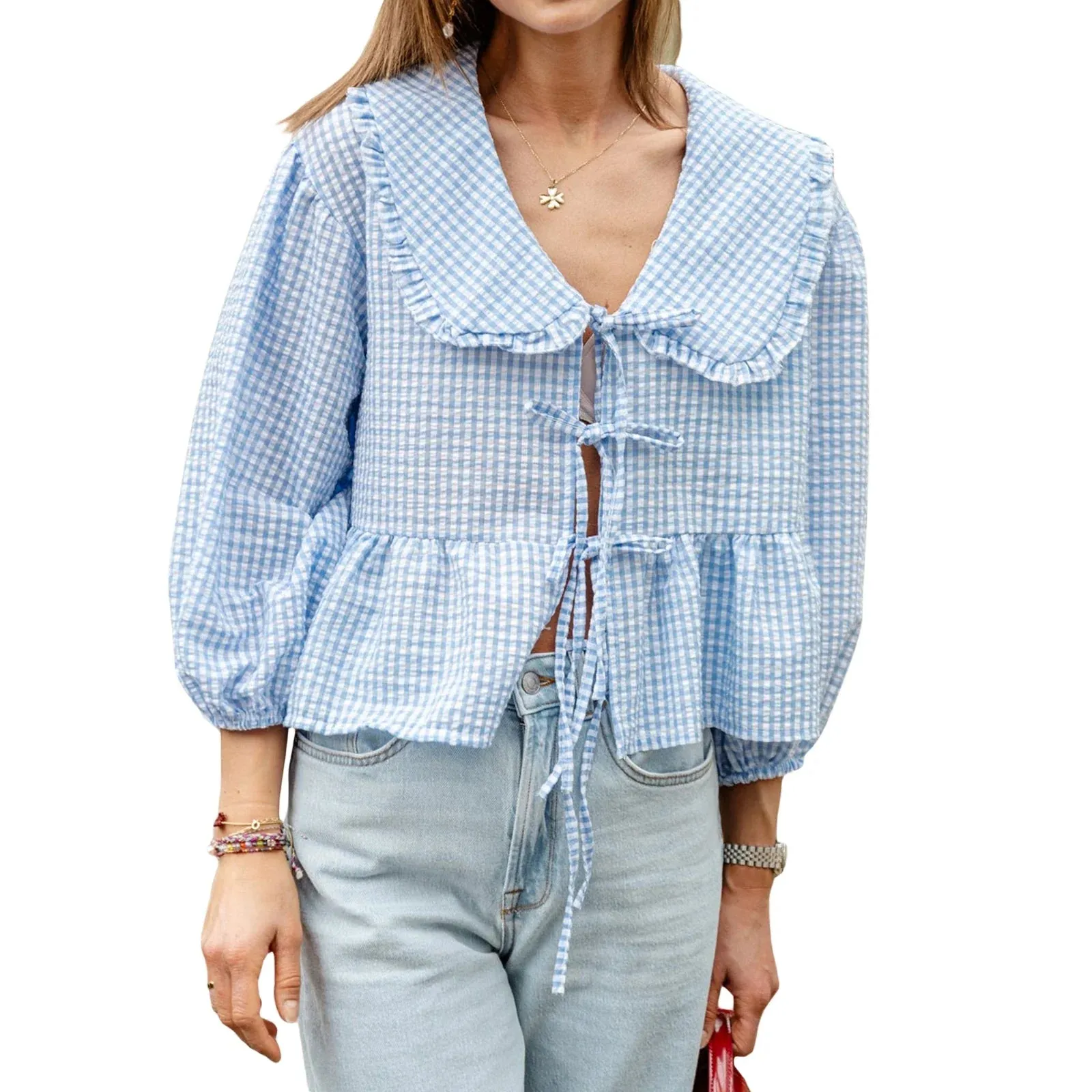 Sweet Babydoll Plaid Lantern Long Sleeve Doll Collar Bow Tie-Up Loose Peplum Streetwear Summer Blouse