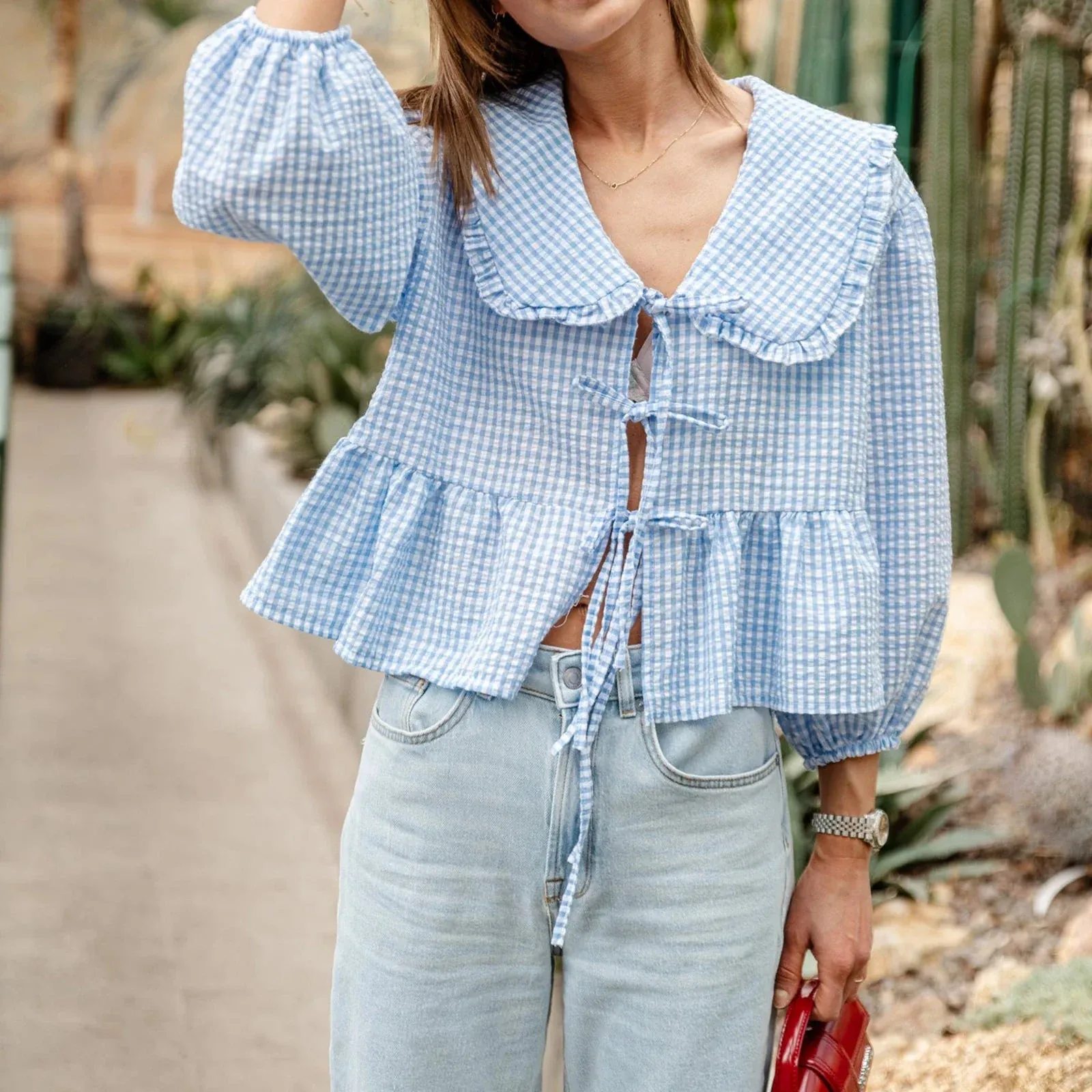 Sweet Babydoll Plaid Lantern Long Sleeve Doll Collar Bow Tie-Up Loose Peplum Streetwear Summer Blouse