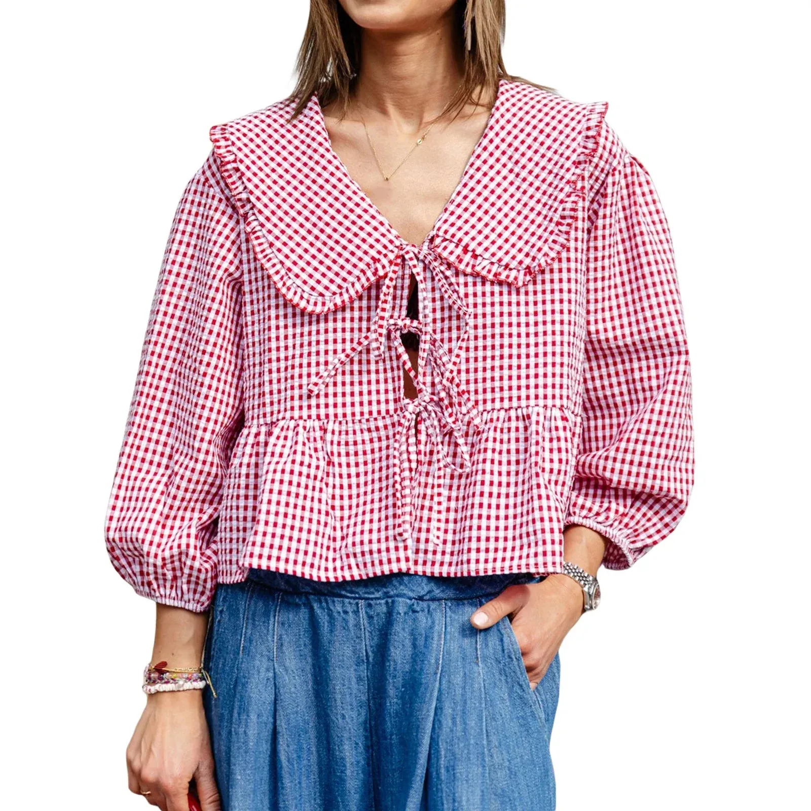 Sweet Babydoll Plaid Lantern Long Sleeve Doll Collar Bow Tie-Up Loose Peplum Streetwear Summer Blouse