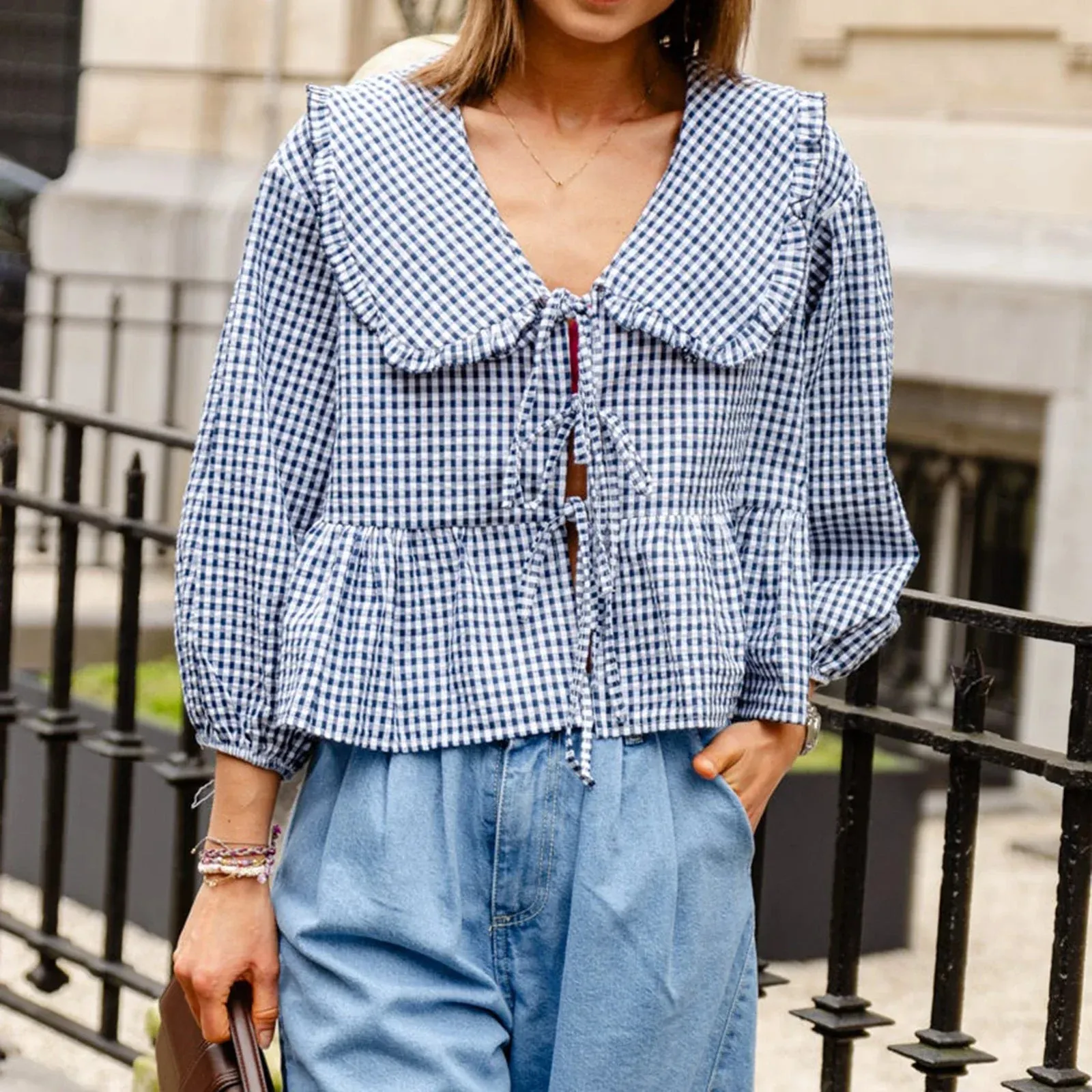 Sweet Babydoll Plaid Lantern Long Sleeve Doll Collar Bow Tie-Up Loose Peplum Streetwear Summer Blouse